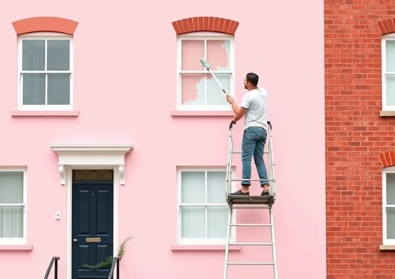 Peintre sur échafaudage traitant la façade d'une maison