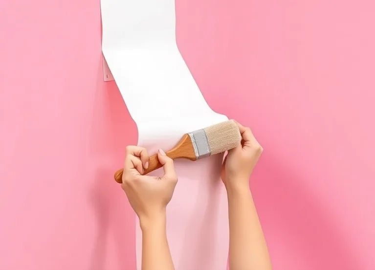 Pose de papier peint, rouleau et brosse à maroufler